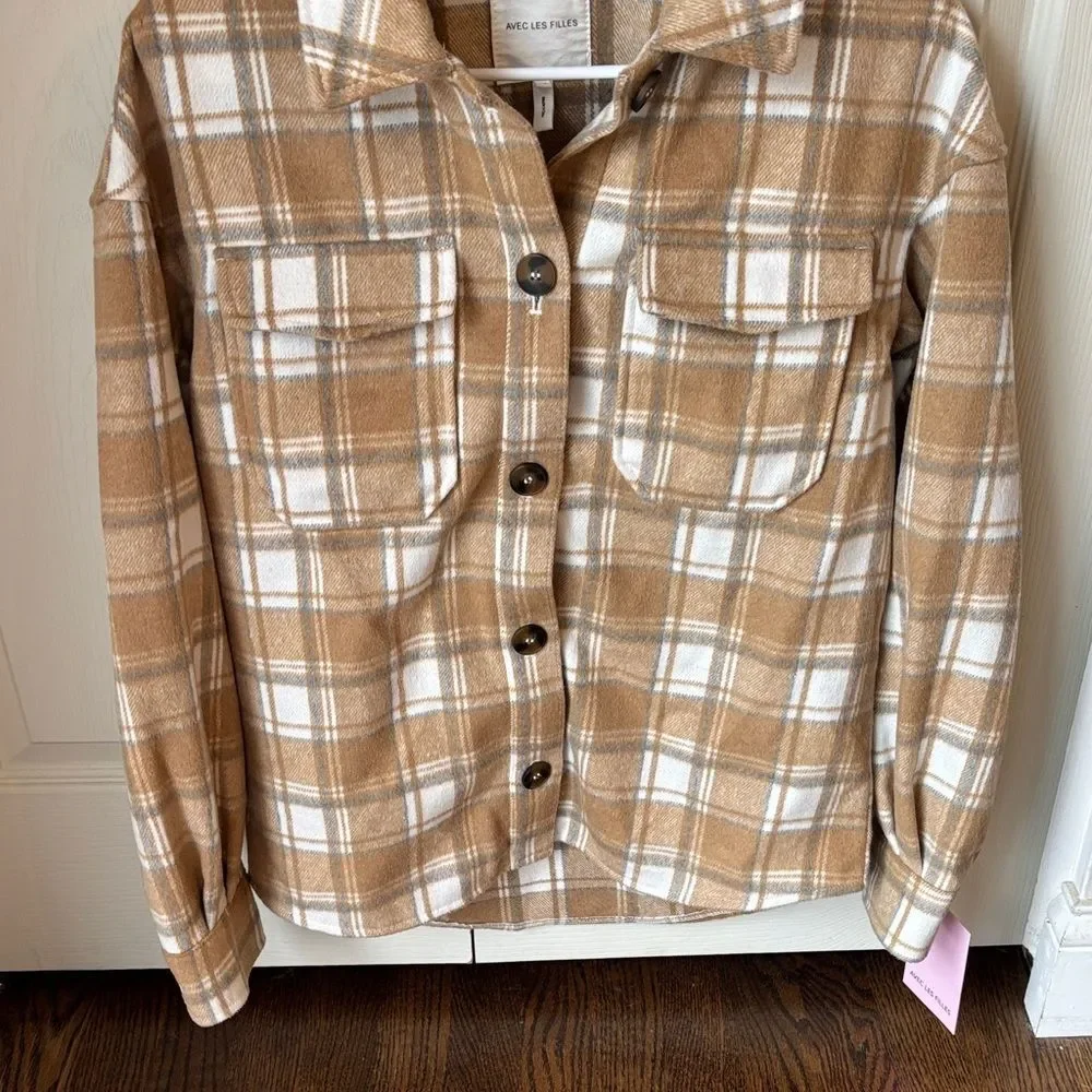 Avec Les Filles plaid wool blend Shacket Tan White boxy oversized women XS NWT